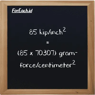 How to convert kip/inch<sup>2</sup> to gram-force/centimeter<sup>2</sup>: 85 kip/inch<sup>2</sup> (ksi) is equivalent to 85 times 70307 gram-force/centimeter<sup>2</sup> (gf/cm<sup>2</sup>)